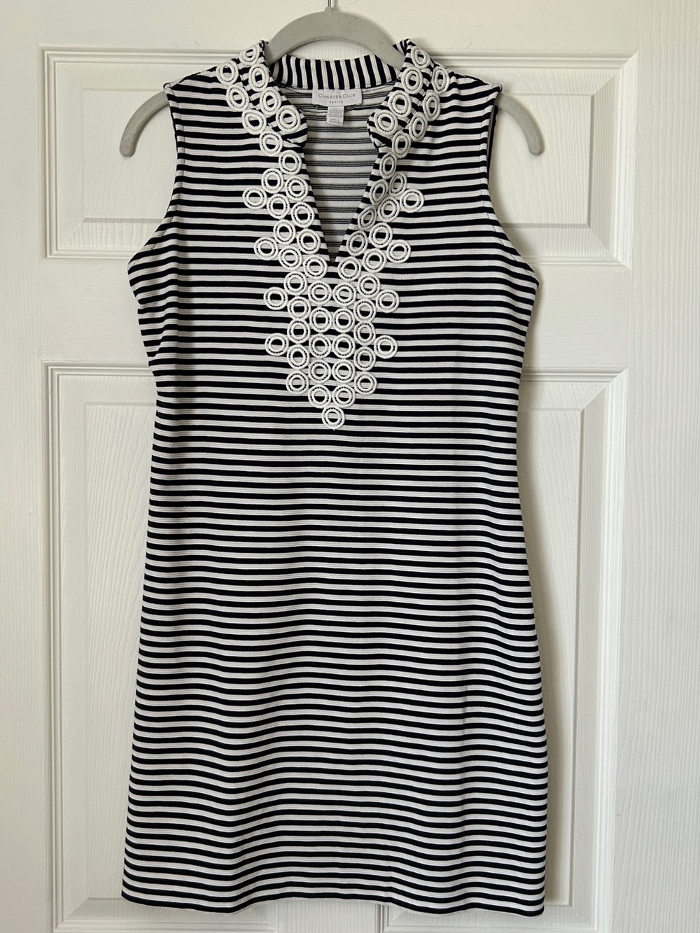 Charter Club Navy and White Striped Shift Dress with Decorative V-Neck